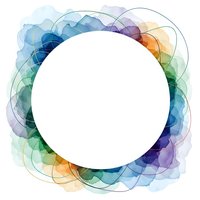 Abstract watercolor rainbow frame with flowing organic shapes and transparent layers creating colorful border around white circular space.