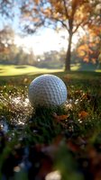 Golf ball on dewy grass at sunrise with autumn trees and golden bokeh in background, creating atmospheric sports scene with morning light and fallen leaves.