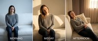 Young woman experiencing daily fatigue cycle from morning tiredness to afternoon exhaustion in cozy home setting for wellness and mental health concepts.