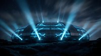 Futuristic electric car hologram with glowing blue energy lines and lightning effects against starry night sky for automotive technology concepts.