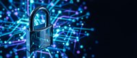 Digital security padlock with glowing blue circuit network background representing cybersecurity data protection and online safety technology concepts.