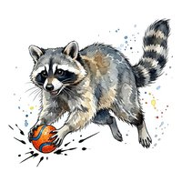 Playful raccoon with striped tail playing with orange ball, watercolor style illustration on white background, isolated clipart for design projects.