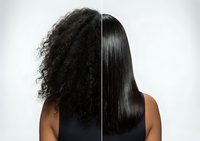 African American woman showing hair transformation from curly to straight sleek style split screen before after comparison for beauty salon treatments.