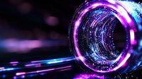 Glowing neon tunnel with purple and blue light streaks creating futuristic perspective effect against dark background, abstract technology concept.