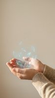 Hands holding floating glass shards or crystal fragments against neutral beige background, representing fragility, breakage, or delicate concepts for design projects.