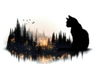 Black cat silhouette against mystical forest landscape with glowing fireflies and pine trees reflected in water, creating atmospheric double exposure effect at sunset.