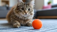 Curious Maine Coon cat lying on gray carpet looking at orange ball toy, domestic pet playing at home, selective focus on feline face with natural lighting.