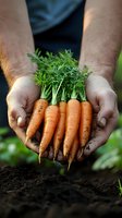 Fresh organic carrots with green tops held in soil-covered hands against garden background, showcasing farm-to-table produce and sustainable agriculture.