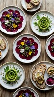 Gourmet vegetarian appetizer plates with beetroot carpaccio, avocado rose, artisan bread and edible flowers on rustic wooden table for restaurant menu.