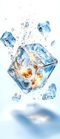 Exploding ice cube with glowing energy core surrounded by water drops and smaller ice fragments against light blue background. Frozen motion concept.