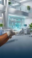 Male healthcare professional wearing white latex gloves holding holographic wellness dashboard displaying heart rate, sleep, oxygen and activity metrics in modern medical clinic environment.