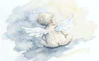 Watercolor angel baby with wings floating on soft blue and beige clouds in gentle pastel tones for nursery decor and spiritual artwork.