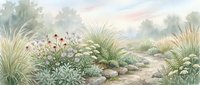 Watercolor landscape with native grasses, wildflowers and stone path in soft pastel tones for botanical garden design and nature illustration projects.