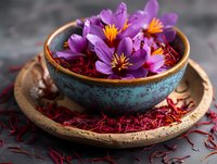 Vibrant purple saffron flowers in turquoise ceramic bowl with dried red saffron stigmas on rustic plate, creating aromatic spa or culinary composition.
