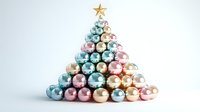 Festive Christmas tree arrangement made from shiny metallic baubles in pastel pink, blue, and gold tones topped with star ornament on white background. Modern holiday decor.