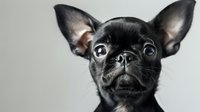 Close up portrait of black Chihuahua puppy with large expressive eyes and pointed ears against blurred background, looking directly at camera with curious expression.