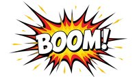 Comic book explosion burst with BOOM text in bold white letters surrounded by dynamic red yellow orange starburst rays on transparent background.