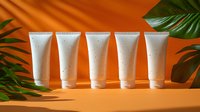White cosmetic tubes with water drops on orange background and tropical leaves casting shadows. Mockup for skincare products and beauty branding.