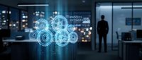 Business professional analyzing process optimization holographic interface with digital gears and data visualization in modern corporate office environment.