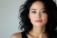 Young Asian woman with natural makeup and flowing black hair against light background, expressing confidence and serenity in casual portrait style.