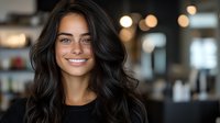 Young woman with long dark wavy hair and bright smile in casual black top against blurred cafe background with bokeh lights.