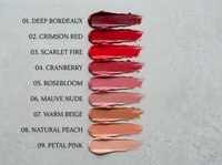 Lipstick color swatches collection from deep bordeaux to petal pink, nine shades arranged in a row on a light gray background.