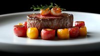 Juicy grilled beef tenderloin steak topped with seared scallop and fresh herbs, served with colorful roasted cherry tomatoes on white plate. Fine dining presentation.