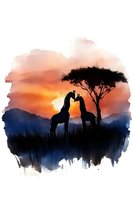 Silhouettes of two giraffes and acacia tree against dramatic orange sunset sky in African savanna, watercolor style artwork with dark blue mountains and grunge edges.