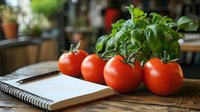 Fresh ripe tomatoes and green basil leaves arranged near blank notebook on wooden table, natural lighting creates appetizing food photography setup.