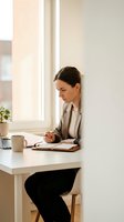 Professional businesswoman writing in notebook at modern office desk with coffee cup and laptop by window.