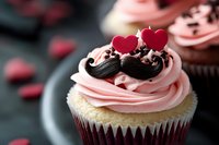 Pink frosted cupcake decorated with chocolate mustache and red heart toppers on dark background, romantic Valentine's day dessert with sprinkles and swirled buttercream.