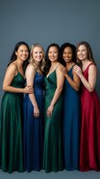 Five diverse women in elegant formal gowns posing together for celebration portrait. Multiethnic group wearing colorful evening dresses for special occasion.