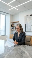 Mature woman with gray hair and glasses, wearing black blazer, reviewing documents at marble desk in modern office with city view and geometric ceiling lighting.