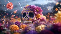 Decorated sugar skull with vibrant purple and pink flowers, surrounded by glowing bokeh lights and autumn marigolds against dark background, celebrating Day of Dead.