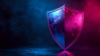 Glowing shield emblem floating in dark space with neon blue and pink lighting effects against smoky background, cybersecurity and protection concept.