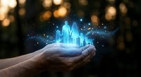 Hands holding glowing holographic family silhouettes with magical light effects against dark bokeh background for insurance and protection concepts.