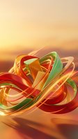 Abstract flowing ribbons in warm orange red green colors with golden light effects creating dynamic swirling motion against soft gradient background.