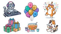 Cute kitten DJ with headphones playing music on turntable, colorful balloons bunch, happy orange cat jumping with confetti, festive gift boxes stack, punch bowl with cups, playful calico cat. Isolated clipart set for party invitations, greeting cards, children's designs, t-shirt prints.