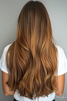 Back view of long wavy caramel blonde hair with natural balayage highlights showing modern hair coloring technique and healthy hair texture on gray background.
