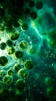 Green microscopic cells floating in turquoise liquid environment with bubbles and organic textures for scientific research and biotechnology concepts.