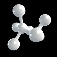 White molecular structure model on black background showing chemical bonds and atoms, isolated design element for science and education materials.