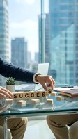 Businessman arranging wooden blocks spelling SUCCESS on glass desk in modern high-rise office, symbolizing achievement, leadership, and corporate growth.