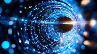 Glowing blue digital tunnel with light streaks and particles creating futuristic cyber perspective. Abstract technology background for digital transformation concepts.