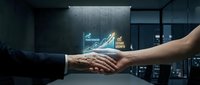 Business handshake with holographic growth chart and financial data visualization in modern corporate office environment for partnership success.