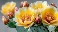 Vibrant yellow prickly pear cactus flowers in bloom with orange centers and unopened pink buds against green paddles, showcasing desert flora beauty.