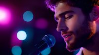 Young male vocalist performing with microphone on stage, illuminated by vibrant purple and blue bokeh lights, creating atmospheric concert ambiance.