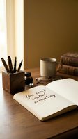 Open notebook with motivational quote on wooden desk alongside coffee cup, pens, and books in warm natural lighting for productivity and inspiration.