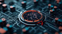 Glowing orange molecular structure displayed on futuristic circular screen embedded in dark circuit board background, representing advanced technology and science.