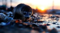 Young seal pup resting on rocky beach at sunset, backlit silhouette with golden sunlight creating atmospheric mood, close-up portrait showing curious expression.