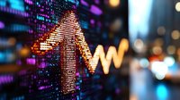 Glowing digital arrow and graph trend line moving upward against blurred financial market data display with colorful bokeh lights in background.